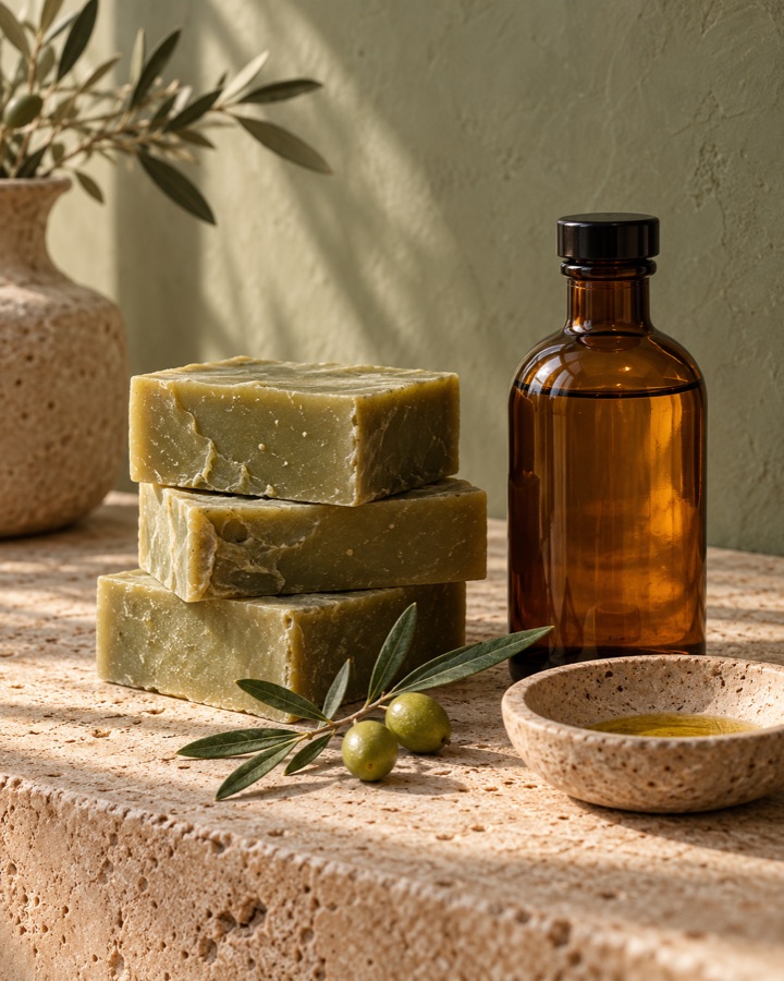 Olive soap and an amber bottle on natural stone